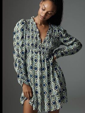 By Anthropologie Olive Green and Blue Geometric Long-Sleeve Dress - lil damage